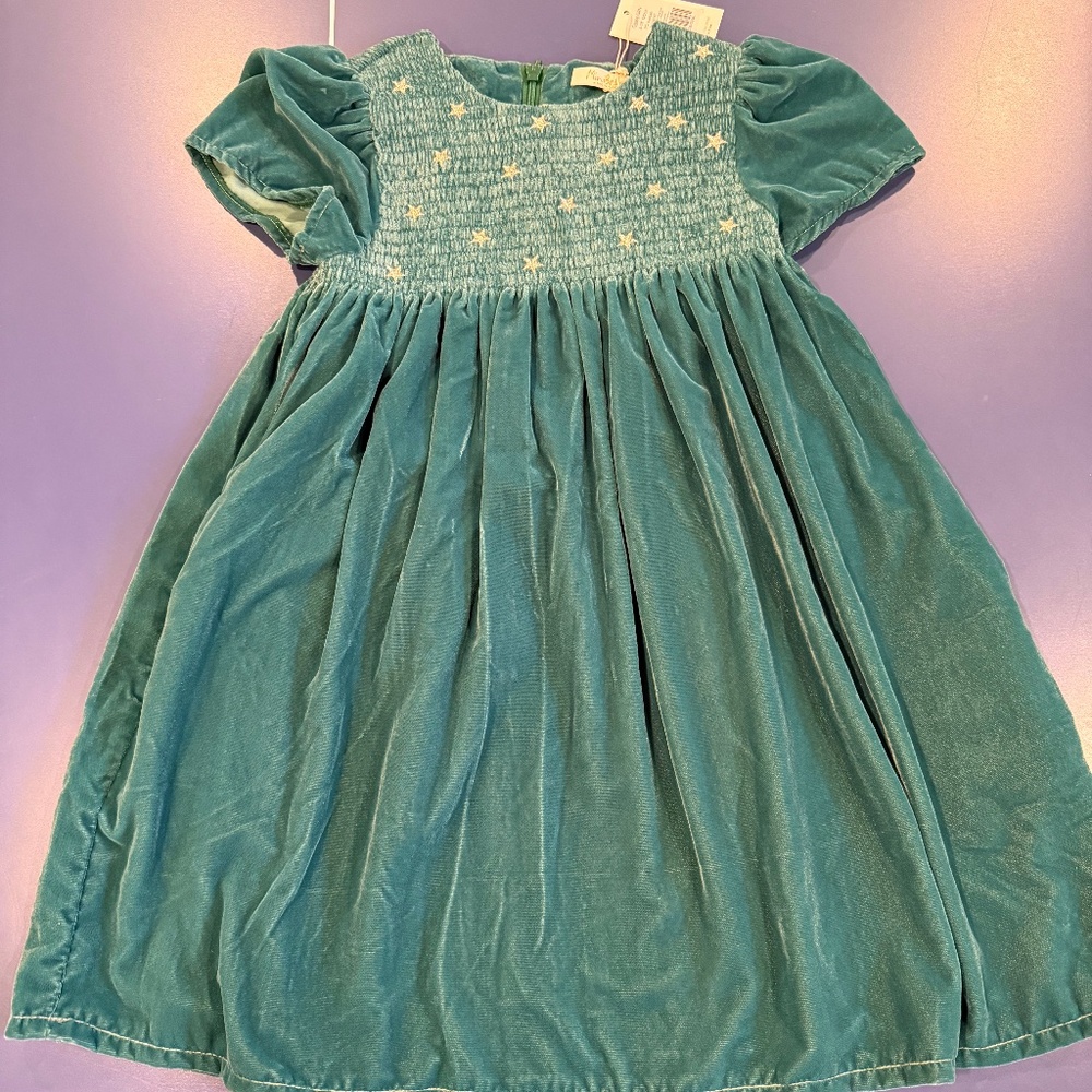 Size 6-7 Mini Boden Smocked Party Dress in Velvet in Shady Glade Green